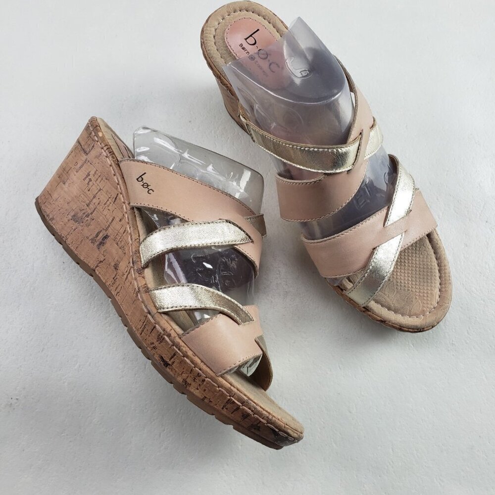 Born BOC Cork Wedge Sandal Womens 9 Brown Leather Open Toe Strappy Slip On